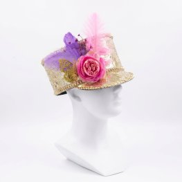 Gouden Pailletten hoed met bloem vlinder & veren